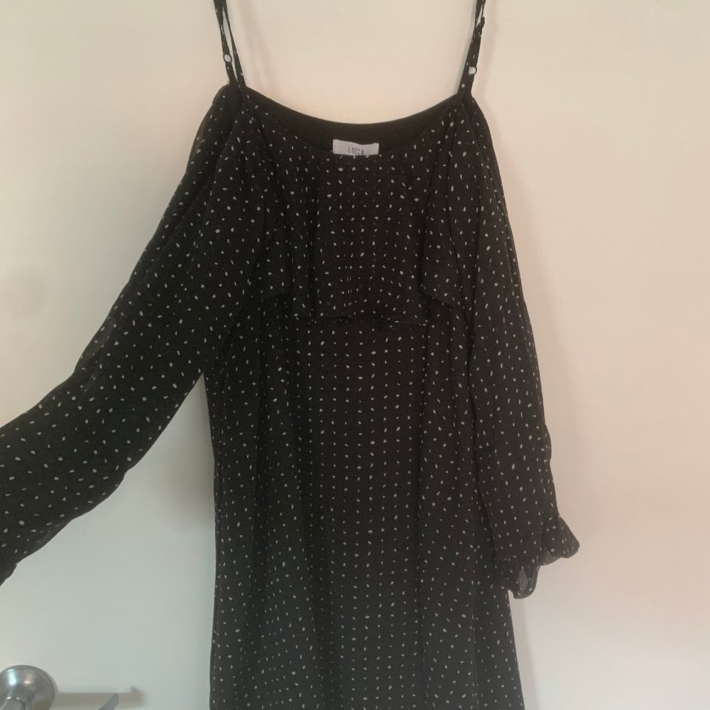 Navy Dress with 3/4 length sleeve, off the shoulde